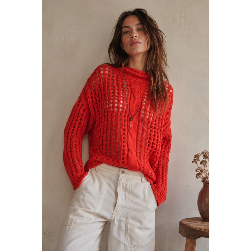 Free People Orange Cotton Angora Open Knit Sweater XS Boho Coastal Cottage